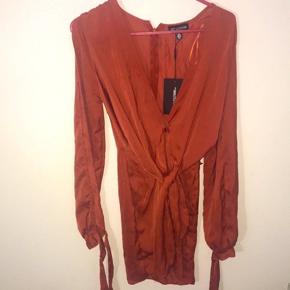 Pretty little thing Rust Tie Front satin Long Sleeve Dress